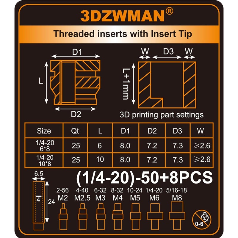 3DZWMAN 1/4-20 Threaded Inserts with 8PCS Heat Set Insert Tools,Brass UNC knurled Nuts for 3D Printing Components and Plastic Parts(1/4-20 * 6 * 8-25Pcs and 1/4-20 * 10 * 8-25Pcs) - Image 3
